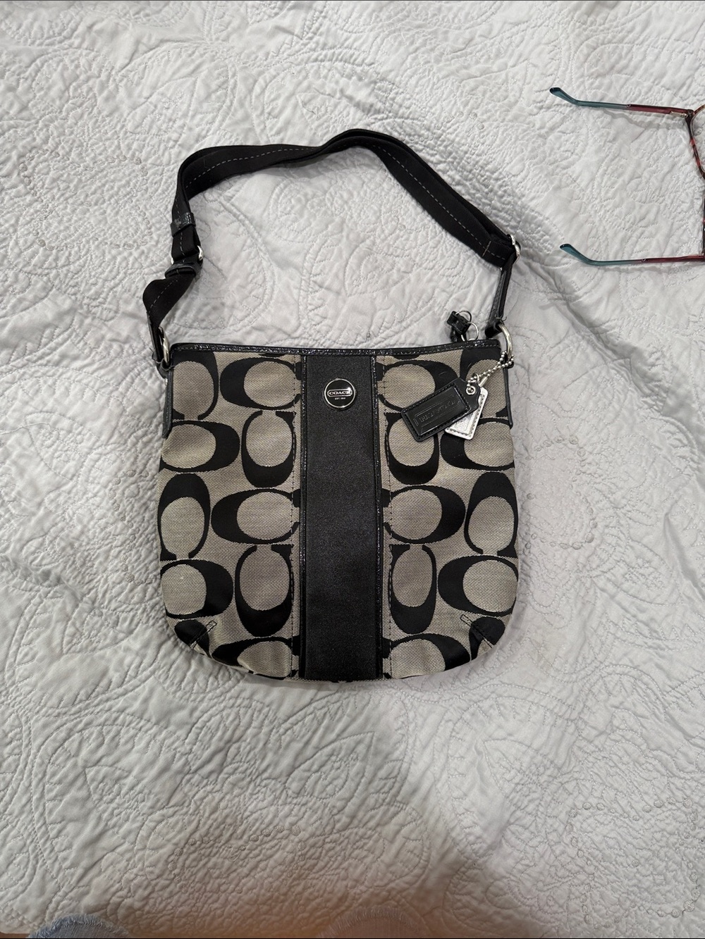 Coach Black and Tan Signature Canvas Shoulder Bag